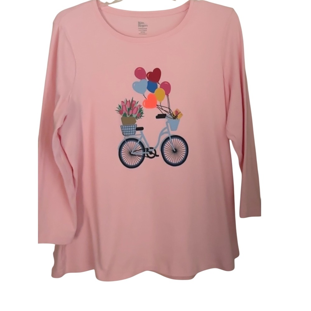 Kim Rogers Perfectly Soft Pink Bicycle Balloons Long Sleeve Top Plus‎ Size